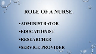 ROLE OF A NURSE.
ADMINISTRATOR
EDUCATIONIST
RESEARCHER
SERVICE PROVIDER
 
