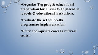 Organize Trg prog & educational
preparation for nurses to be placed in
schools & educational institutions.
Evaluate the school health
programme implementation.
Refer appropriate cases to referral
center
 