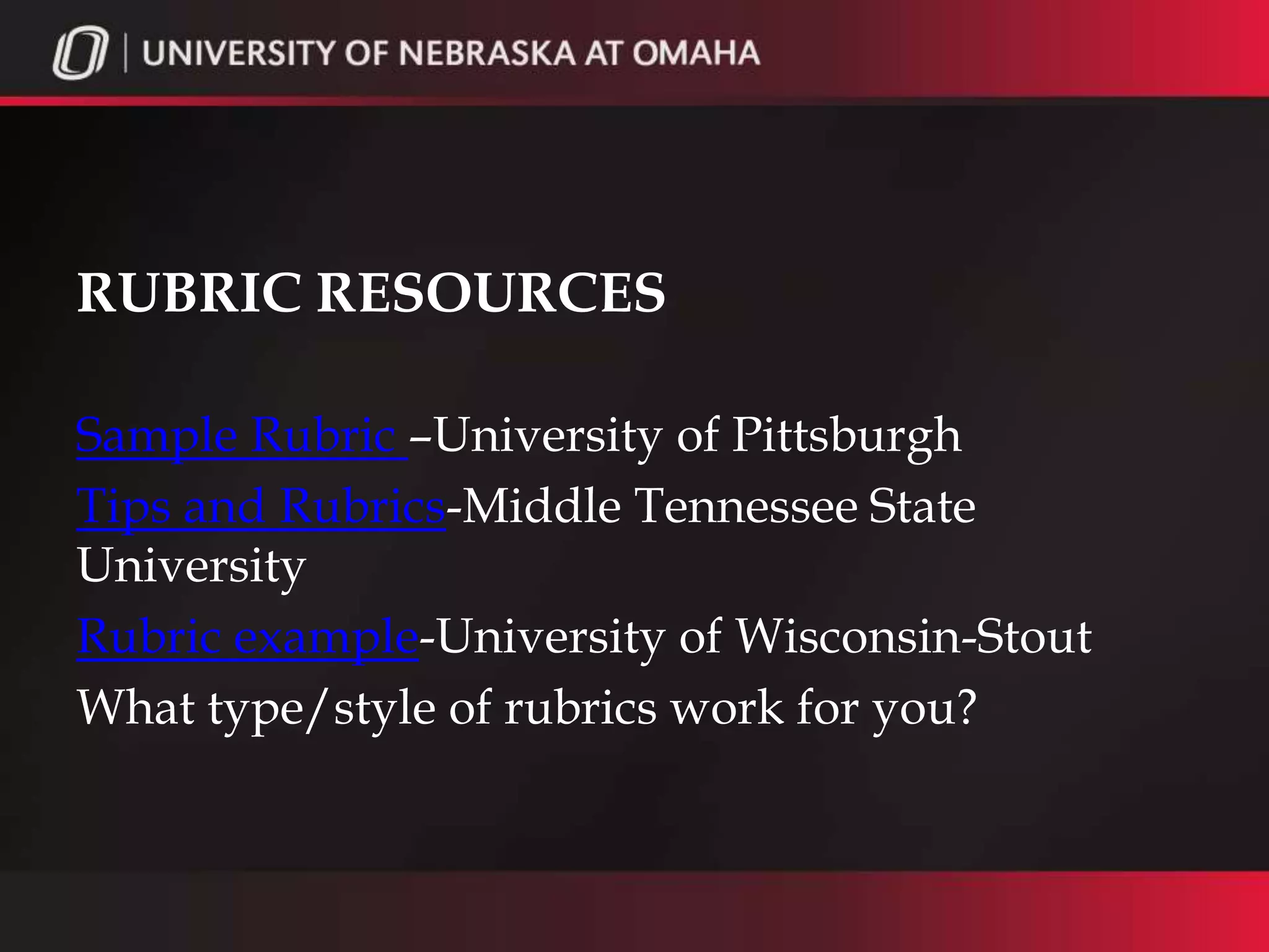 REFERENCES (CONT’D)
Nielsen, L. E. (2010). Discussion rubric for online class [Rubric]. Retrieved
          September 9, 2011, from University of Wisconsin-Stout website:
          www2.uwstout.edu/content/profdev/rubrics/discussionrubric.html
Owens, R. (2009, July 23). Eight tips for facilitating effective online discussion
          forums. Faculty Focus. Retrieved from http://www.facultyfocus.com/
          articles/asynchronous-learning-and-trends/eight-tips-for-facilitating-
          effective-online-discussion-forums/
Revised Bloom’s Taxonomy [Guide]. (n.d.). Retrieved September 7, 2011, from
          Wayne County Schools website:
           http://www.waynecountyschools.org/147210622111220523/lib/
          147210622111220523/Revised_Blooms_Info.pdf
Rosen, L. D., Ph.D. (2010). Rewired. New York: Palgrave Macmillan.
Ross, S. (2011). The core rules of netiquette [Guidelines]. Retrieved September 10,
          2011, from Albion website: http://www.albion.com/netiquette/
          corerules.html
 
