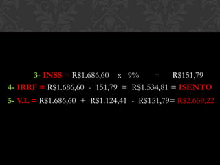 3- INSS = R$1.686,60 x 9%
=
R$151,79
4- IRRF = R$1.686,60 - 151,79 = R$1.534,81 = ISENTO

5- V.L = R$1.686,60 + R$1.124,41 - R$151,79= R$2.659,22

 