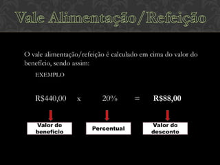 O vale alimentação/refeição é calculado em cima do valor do
benefício, sendo assim:
EXEMPLO

R$440,00
Valor do
benefício

x

20%
Percentual

=

R$88,00
Valor do
desconto

 