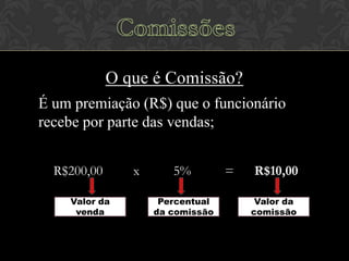 O que é Comissão?
É um premiação (R$) que o funcionário
recebe por parte das vendas;
R$200,00
Valor da
venda

x

5%
Percentual
da comissão

=

R$10,00
Valor da
comissão

 