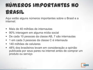 Números Importantes no
   Brasil
   Aqui estão alguns números importantes sobre o Brasil e a
   internet:

         Mais de 40 milhões de internautas
         90% interagem em alguma mídia social
         De cada 10 pessoas da classe AB, 7 são internautas
         1 em cada 3 pessoas da classe C é internauta
         140 milhões de celulares
         48% dos brasileiros levam em consideração a opinião
          publicada por seus pares na internet antes de comprar um
          produto ou serviço



Fonte: Ibope, Ibope NetRatings 2008, Anatel
 