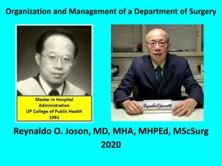 Organization and Management of a Department of Surgery
Reynaldo O. Joson, MD, MHA, MHPEd, MScSurg
2020
 