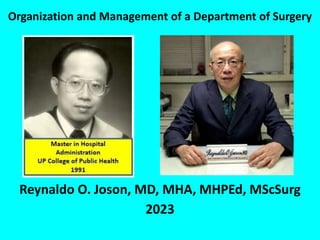 Organization and Management of a Department of Surgery
Reynaldo O. Joson, MD, MHA, MHPEd, MScSurg
2023
 