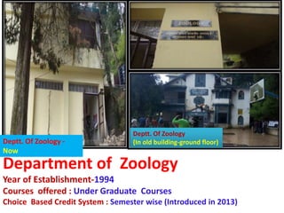 Department of Zoology
Year of Establishment-1994
Courses offered : Under Graduate Courses
Choice Based Credit System : Semester wise (Introduced in 2013)
Deptt. Of Zoology
(In old building-ground floor)Deptt. Of Zoology -
Now
 