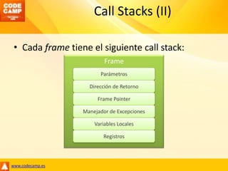 CallStacks (II)<br />Cada frame tiene el siguiente callstack:<br />Frame<br />Parámetros<br />Dirección de Retorno<br />Fr...
