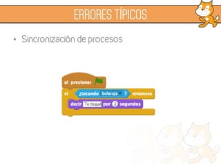 Uno de los errores es que los objetos no se
sincronicen adecuadamente
La forma de sincronizar influye en la estructura
del código
•  Tiempo: solo proyectos sencillos
•  Mensajes: código muy segmentado
•  Variables: código más compacto
SINCRONIZACIÓN
 