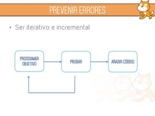 •  Ser iterativo e incremental
PREVENIR ERRORES
Programar
OBJETIVO PROBAR AÑADIR CÓDIGO
 