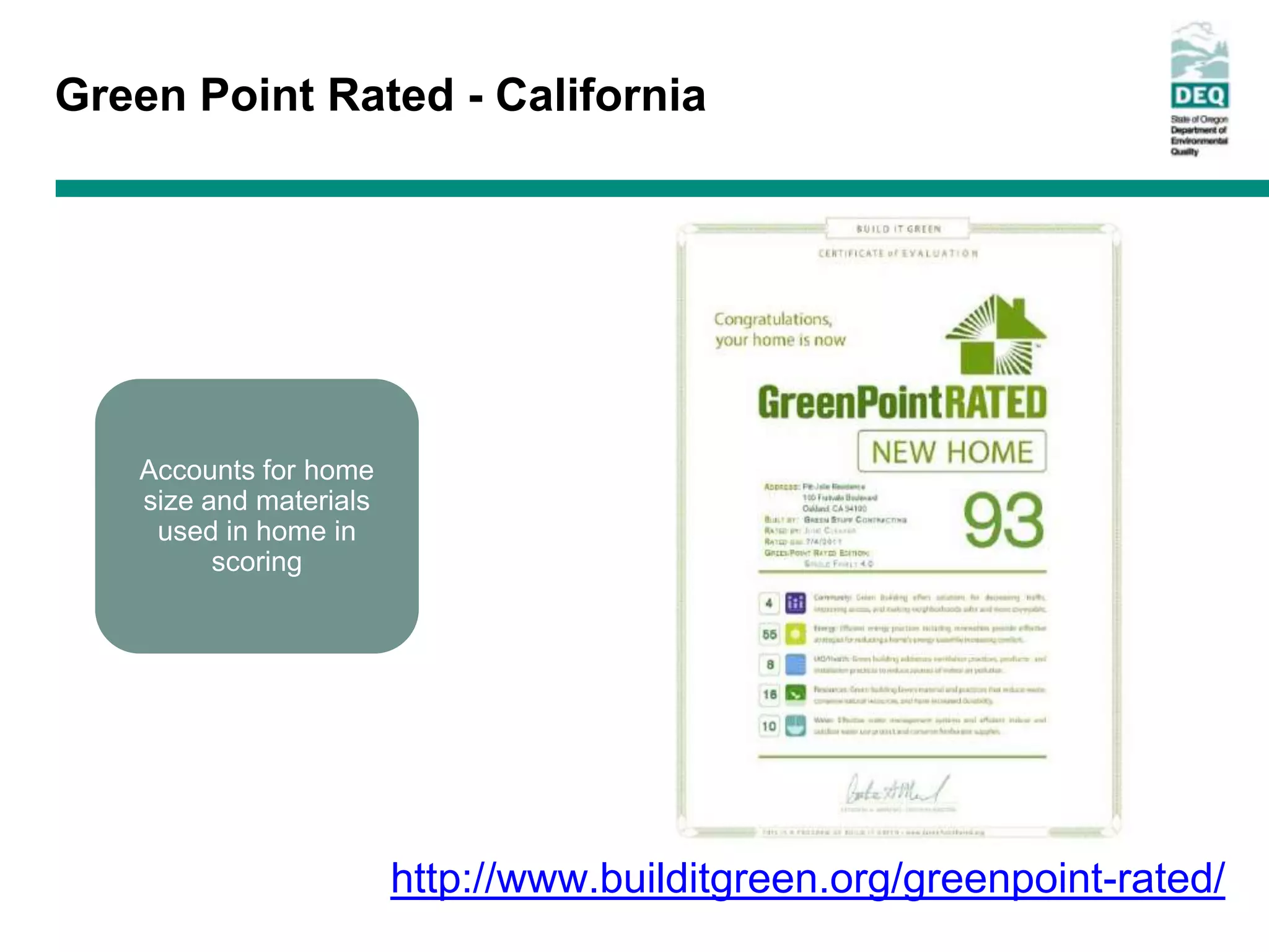 Green Point Rated - California




   Accounts for home
   size and materials
    used in home in
         scoring




                        http://www.builditgreen.org/greenpoint-rated/
 