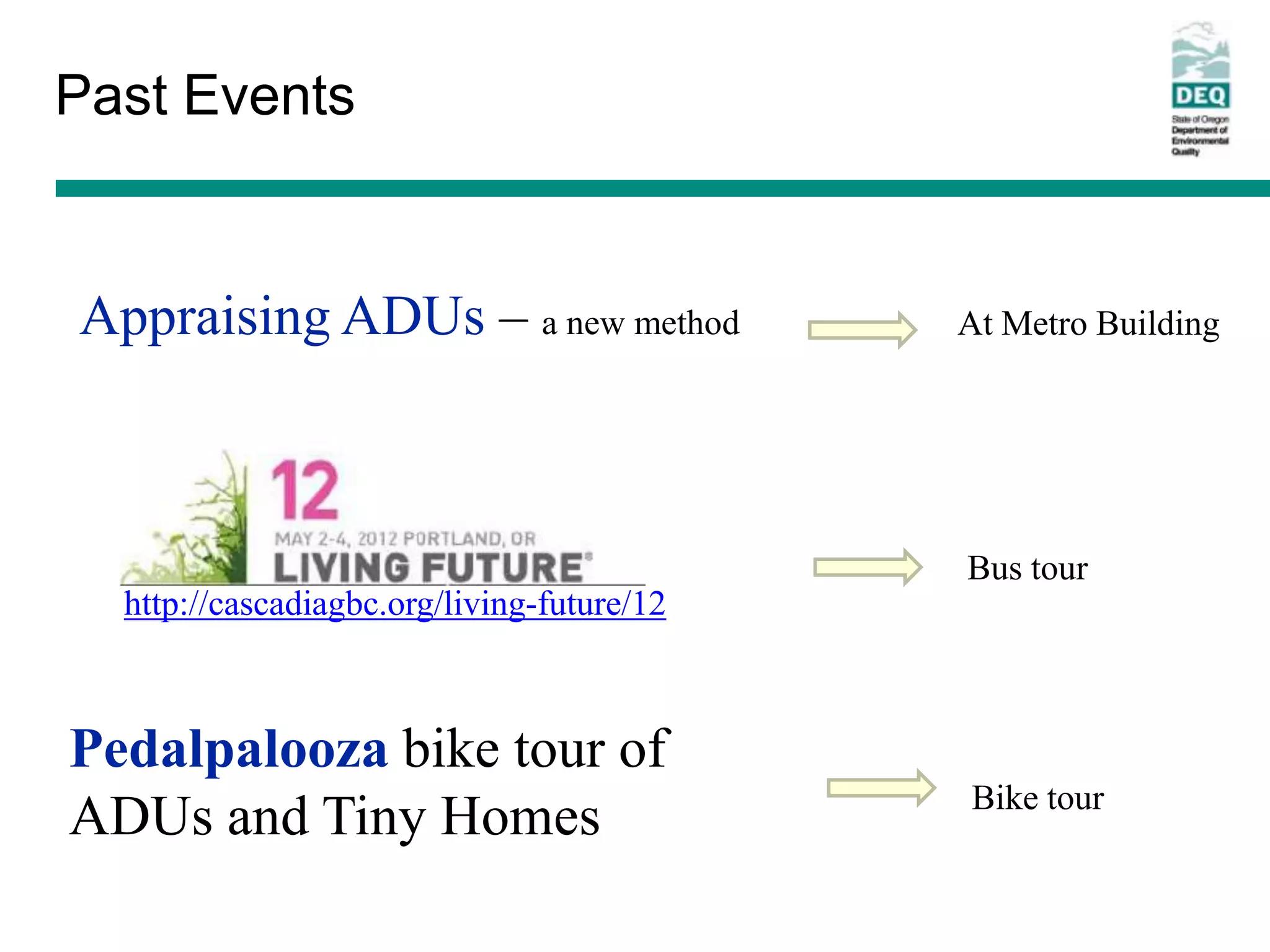 Past Events


Appraising ADUs – a new method              At Metro Building




                                            Bus tour
  http://cascadiagbc.org/living-future/12



Pedalpalooza bike tour of
                                            Bike tour
ADUs and Tiny Homes
 
