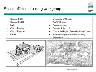Space-efficient housing workgroup

 •   Oregon DEQ           •   University of Oregon
 •   Oregon DLCD          •   AARP Oregon
 •   Metro                •   Greenhammer
 •   City of Portland     •   Orange Splot, LLC
 •   City of Eugene       •   Cascadia Region Green Building Council
 •   OHBA                 •   Numerous space-efficient housing
                              advocates




                                           Drawing: cullygrove.org
 