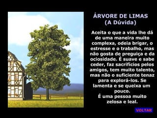 ÁRVORE DE LIMAS (A Dúvida) Aceita o que a vida lhe dá de uma maneira muito complexa, odeia brigar, o estresse e o trabalho, mas não gosta de preguiça e da ociosidade. É suave e sabe ceder, faz sacrifícios pelos amigos, tem muito talento, mas não o suficiente tenaz para explorá-los. Se lamenta e se queixa um  pouco. É uma pessoa muito zelosa e leal. VOLTAR 