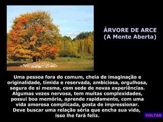 ÁRVORE DE ARCE (A Mente Aberta) Uma pessoa fora do comum, cheia de imaginação e originalidade, tímida e reservada, ambiciosa, orgulhosa, segura de si mesma, com sede de novas experiências. Algumas vezes nervosa, tem muitas complexidades, possui boa memória, aprende rapidamente, com uma vida amorosa complicada, gosta de impressionar. Deve buscar uma relação séria que encha sua vida,  isso lhe fará feliz. VOLTAR 