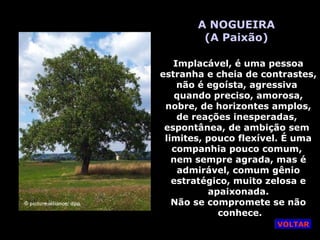 A NOGUEIRA
(A Paixão)
Implacável, é uma pessoa
estranha e cheia de contrastes,
não é egoísta, agressiva
quando preciso, amorosa,
nobre, de horizontes amplos,
de reações inesperadas,
espontânea, de ambição sem
limites, pouco flexível. É uma
companhia pouco comum,
nem sempre agrada, mas é
admirável, comum gênio
estratégico, muito zelosa e
apaixonada.
Não se compromete se não
conhece.
VOLTAR
 