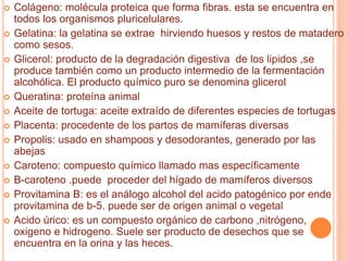  Colágeno: molécula proteica que forma fibras. esta se encuentra en
todos los organismos pluricelulares.
 Gelatina: la gelatina se extrae hirviendo huesos y restos de matadero
como sesos.
 Glicerol: producto de la degradación digestiva de los lipidos ,se
produce también como un producto intermedio de la fermentación
alcohólica. El producto químico puro se denomina glicerol
 Queratina: proteína animal
 Aceite de tortuga: aceite extraído de diferentes especies de tortugas
 Placenta: procedente de los partos de mamíferas diversas
 Propolis: usado en shampoos y desodorantes, generado por las
abejas
 Caroteno: compuesto químico llamado mas específicamente
 B-caroteno .puede proceder del hígado de mamíferos diversos
 Provitamina B: es el análogo alcohol del acido patogénico por ende
provitamina de b-5. puede ser de origen animal o vegetal
 Acido úrico: es un compuesto orgánico de carbono ,nitrógeno,
oxigeno e hidrogeno. Suele ser producto de desechos que se
encuentra en la orina y las heces.
 