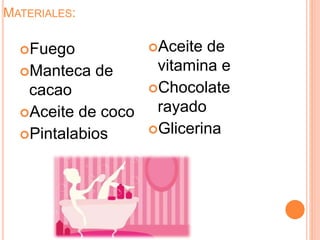 MATERIALES:
Fuego
Manteca de
cacao
Aceite de coco
Pintalabios
Aceite de
vitamina e
Chocolate
rayado
Glicerina
 