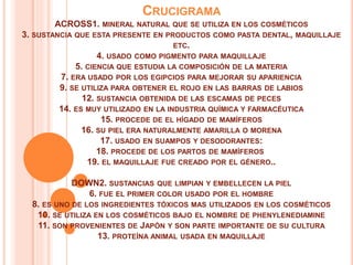 CRUCIGRAMA
ACROSS1. MINERAL NATURAL QUE SE UTILIZA EN LOS COSMÉTICOS
3. SUSTANCIA QUE ESTA PRESENTE EN PRODUCTOS COMO PASTA DENTAL, MAQUILLAJE
ETC.
4. USADO COMO PIGMENTO PARA MAQUILLAJE
5. CIENCIA QUE ESTUDIA LA COMPOSICIÓN DE LA MATERIA
7. ERA USADO POR LOS EGIPCIOS PARA MEJORAR SU APARIENCIA
9. SE UTILIZA PARA OBTENER EL ROJO EN LAS BARRAS DE LABIOS
12. SUSTANCIA OBTENIDA DE LAS ESCAMAS DE PECES
14. ES MUY UTILIZADO EN LA INDUSTRIA QUÍMICA Y FARMACÉUTICA
15. PROCEDE DE EL HÍGADO DE MAMÍFEROS
16. SU PIEL ERA NATURALMENTE AMARILLA O MORENA
17. USADO EN SUAMPOS Y DESODORANTES:
18. PROCEDE DE LOS PARTOS DE MAMÍFEROS
19. EL MAQUILLAJE FUE CREADO POR EL GÉNERO..
DOWN2. SUSTANCIAS QUE LIMPIAN Y EMBELLECEN LA PIEL
6. FUE EL PRIMER COLOR USADO POR EL HOMBRE
8. ES UNO DE LOS INGREDIENTES TÓXICOS MAS UTILIZADOS EN LOS COSMÉTICOS
10. SE UTILIZA EN LOS COSMÉTICOS BAJO EL NOMBRE DE PHENYLENEDIAMINE
11. SON PROVENIENTES DE JAPÓN Y SON PARTE IMPORTANTE DE SU CULTURA
13. PROTEÍNA ANIMAL USADA EN MAQUILLAJE
 