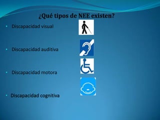 • Discapacidad visual
• Discapacidad auditiva
• Discapacidad motora
• Discapacidad cognitiva
 