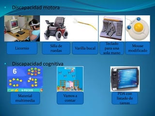• Discapacidad motora
• Discapacidad cognitiva
Licornio
Silla de
ruedas
Varilla bucal
Teclado
para una
sola mano
Mouse
modificado
Material
multimedia
Vamos a
contar
PDA con
listado de
tareas
 