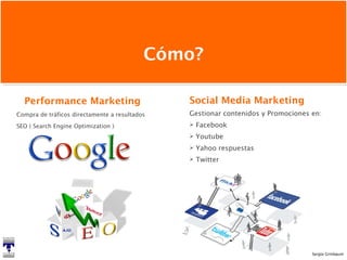 Cómo? Performance Marketing Compra de tráficos directamente a resultados SEO ( Search Engine Optimization ) Social Media Marketing Gestionar contenidos y Promociones en: Facebook Youtube Yahoo respuestas Twitter 