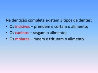 Na dentição completa existem 3 tipos de dentes:
• Os incisivos – prendem e cortam o alimento;
• Os caninos – rasgam o alimento;
• Os molares – moem e trituram o alimento.
 