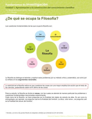 1 
Fundamentos de investigación 
Unidad 1. Aproximación a la construcción del conocimiento científico 
1.1. Teoría del Conocimiento / Epistemología 
1.1.1. Filosofía 
Educación Superior Abierta y a Distancia • Primer Cuatrimestre 
¿De qué se ocupa la Filosofía? 
Las cuestiones fundamentales de las que ocupa la filosofía son: 
La filosofía se distingue al abordar y explicar estos problemas por su método crítico y sistemático, así como por 
su énfasis en los argumentos racionales. 
Lo esencial de la filosofía radica en que cuestiona las cosas con una mayor amplitud de acción que el resto de 
las ciencias, pretendiendo saber el fin último de las cosas. 
Para su estudio, la filosofía se divide en ramas, con las cuales se atiende de manera particular los problemas o 
cuestiones fundamentales mencionadas anteriormente. 
Cada rama de la filosofía, se hace preguntas por la finalidad del objeto de estudio de ellas. Es así como la 
antropología, por ejemplo, se pregunta cuál es la finalidad del hombre. La ética –otra rama–, se pregunta cuál 
es la finalidad del actuar del hombre1. 
1 Sócrates, uno de los más grandes filósofos de antigüedad, señalaba que la felicidad era el fin del hombre. 
La 
filosofía 
La 
existencia 
La 
verdad 
La 
moral 
La 
belleza 
La 
mente 
La 
lengua 
El 
conocimiento 
 