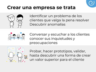 Crear una empresa se trata
Identificar un problema de los
clientes que valga la pena resolver
Descubrir anomalías
Conversar y escuchar a los clientes
conocer sus inquietudes y
preocupaciones
Probar, hacer prototipos, validar,
hasta descubrir una forma de crear
un valor superior para el cliente
 