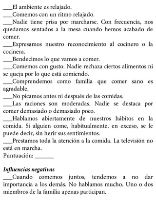 ___El ambiente es relajado.
___Comemos con un ritmo relajado.
___Nadie tiene prisa por marcharse. Con frecuencia, nos
quedamos sentados a la mesa cuando hemos acabado de
comer.
___Expresamos nuestro reconocimiento al cocinero o la
cocinera.
___Bendecimos lo que vamos a comer.
___Comemos con gusto. Nadie rechaza ciertos alimentos ni
se queja por lo que está comiendo.
___Comprendemos como familia que comer sano es
agradable.
___No picamos antes ni después de las comidas.
___Las raciones son moderadas. Nadie se destaca por
comer demasiado o demasiado poco.
___Hablamos abiertamente de nuestros hábitos en la
comida. Si alguien come, habitualmente, en exceso, se le
puede decir, sin herir sus sentimientos.
___Prestamos toda la atención a la comida. La televisión no
está en marcha.
Puntuación: ______
Influencias negativas
___Cuando comemos juntos, tendemos a no dar
importancia a los demás. No hablamos mucho. Uno o dos
miembros de la familia apenas participan.
 