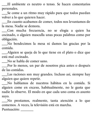 ___El ambiente es neutro o tenso. Se hacen comentarios
personales.
___Se come a un ritmo muy rápido para que todos puedan
volver a lo que quieren hacer.
___En cuanto acabamos de comer, todos nos levantamos de
la mesa. Nadie se demora.
___Con mucha frecuencia, no se elogia a quien ha
cocinado, o alguien masculla unas pocas palabras como por
obligación.
___No bendecimos la mesa ni damos las gracias por la
comida.
___Alguien se queja de lo que tiene en el plato o dice que
está mal cocinado.
___No se habla de comer sano.
___Por lo menos, un par de nosotros pica antes o después
de las comidas.
___Las raciones son muy grandes. Incluso así, siempre hay
alguien que quiere repetir.
___No hablamos de nuestros hábitos en la comida. Si
alguien come en exceso, habitualmente, no le gusta que
nadie lo observe. El modo en que cada uno coma es asunto
suyo.
___No prestamos, realmente, tanta atención a lo que
comemos. A veces, la televisión está en marcha.
Puntuación: _______
 