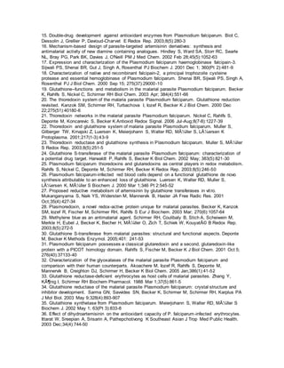 15. Double-drug development against antioxidant enzymes from Plasmodium falciparum. Biot C,
Dessolin J, Grellier P, Davioud-Charvet E Redox Rep. 2003;8(5):280-3
16. Mechanism-based design of parasite-targeted artemisinin derivatives: synthesis and
antimalarial activity of new diamine containing analogues. Hindley S, Ward SA, Storr RC, Searle
NL, Bray PG, Park BK, Davies J, O'Neill PM J Med Chem. 2002 Feb 28;45(5):1052-63
17. Expression and characterization of the Plasmodium falciparum haemoglobinase falcipain-3.
Sijwali PS, Shenai BR, Gut J, Singh A, Rosenthal PJ Biochem J. 2001 Dec 1; 360(Pt 2):481-9
18. Characterization of native and recombinant falcipain-2, a principal trophozoite cysteine
protease and essential hemoglobinase of Plasmodium falciparum. Shenai BR, Sijwali PS, Singh A,
Rosenthal PJ J Biol Chem. 2000 Sep 15; 275(37):29000-10
19. Glutathione--functions and metabolism in the malarial parasite Plasmodium falciparum. Becker
K, Rahlfs S, Nickel C, Schirmer RH Biol Chem. 2003 Apr; 384(4):551-66
20. The thioredoxin system of the malaria parasite Plasmodium falciparum. Glutathione reduction
revisited. Kanzok SM, Schirmer RH, Turbachova I, Iozef R, Becker K J Biol Chem. 2000 Dec
22;275(51):40180-6
21. Thioredoxin networks in the malarial parasite Plasmodium falciparum. Nickel C, Rahlfs S,
Deponte M, Koncarevic S, Becker K Antioxid Redox Signal. 2006 Jul-Aug;8(7-8):1227-39
22. Thioredoxin and glutathione system of malaria parasite Plasmodium falciparum. Muller S,
Gilberger TW, Krnajski Z, Luersen K, Meierjohann S, Walter RD, MÃ¼ller S, LÃ¼ersen K
Protoplasma. 2001;217(1-3):43-9
23. Thioredoxin reductase and glutathione synthesis in Plasmodium falciparum. Muller S, MÃ¼ller
S Redox Rep. 2003;8(5):251-5
24. Glutathione S-transferase of the malarial parasite Plasmodium falciparum: characterization of
a potential drug target. Harwaldt P, Rahlfs S, Becker K Biol Chem. 2002 May; 383(5):821-30
25. Plasmodium falciparum thioredoxins and glutaredoxins as central players in redox metabolism.
Rahlfs S, Nickel C, Deponte M, Schirmer RH, Becker K Redox Rep. 2003;8(5):246-50
26. Plasmodium falciparum-infected red blood cells depend on a functional glutathione de novo
synthesis attributable to an enhanced loss of glutathione. Luersen K, Walter RD, Muller S,
LÃ¼ersen K, MÃ¼ller S Biochem J. 2000 Mar 1;346 Pt 2:545-52
27. Proposed reductive metabolism of artemisinin by glutathione transferases in vitro.
Mukanganyama S, Naik YS, Widersten M, Mannervik B, Hasler JA Free Radic Res. 2001
Oct;35(4):427-34
28. Plasmoredoxin, a novel redox-active protein unique for malarial parasites. Becker K, Kanzok
SM, Iozef R, Fischer M, Schirmer RH, Rahlfs S Eur J Biochem. 2003 Mar; 270(6):1057-64
29. Methylene blue as an antimalarial agent. Schirmer RH, Coulibaly B, Stich A, Scheiwein M,
Merkle H, Eubel J, Becker K, Becher H, MÃ¼ller O, Zich T, Schiek W, KouyatÃ© B Redox Rep.
2003;8(5):272-5
30. Glutathione S-transferase from malarial parasites: structural and functional aspects. Deponte
M, Becker K Methods Enzymol. 2005;401: 241-53
31. Plasmodium falciparum possesses a classical glutaredoxin and a second, glutaredoxin-like
protein with a PICOT homology domain. Rahlfs S, Fischer M, Becker K J Biol Chem. 2001 Oct 5;
276(40):37133-40
32. Characterization of the glyoxalases of the malarial parasite Plasmodium falciparum and
comparison with their human counterparts. Akoachere M, Iozef R, Rahlfs S, Deponte M,
Mannervik B, Creighton DJ, Schirmer H, Becker K Biol Chem. 2005 Jan;386(1):41-52
33. Glutathione reductase-deficient erythrocytes as host cells of malarial parasites. Zhang Y,
KÃ¶nig I, Schirmer RH Biochem Pharmacol. 1988 Mar 1;37(5):861-5
34. Glutathione reductase of the malarial parasite Plasmodium falciparum: crystal structure and
inhibitor development. Sarma GN, Savvides SN, Becker K, Schirmer M, Schirmer RH, Karplus PA
J Mol Biol. 2003 May 9;328(4):893-907
35. Glutathione synthetase from Plasmodium falciparum. Meierjohann S, Walter RD, MÃ¼ller S
Biochem J. 2002 May 1; 63(Pt 3):833-8
36. Effect of dihydroartemisinin on the antioxidant capacity of P. falciparum-infected erythrocytes.
Ittarat W, Sreepian A, Srisarin A, Pathepchotivong K Southeast Asian J Trop Med Public Health.
2003 Dec;34(4):744-50
 