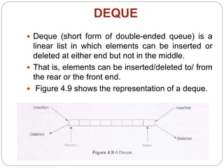 DEQUE
 Deque (short form of double-ended queue) is a
linear list in which elements can be inserted or
deleted at either end but not in the middle.
 That is, elements can be inserted/deleted to/ from
the rear or the front end.
 Figure 4.9 shows the representation of a deque.
 