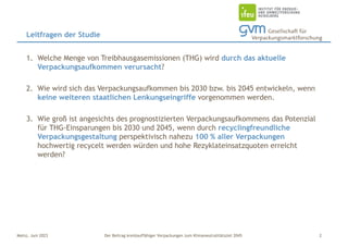 Der Beitrag kreislauffähiger Verpackungen zum Klimaneutralitätsziel 2045
Mainz, Juni 2023
1. Welche Menge von Treibhausgasemissionen (THG) wird durch das aktuelle
Verpackungsaufkommen verursacht?
2. Wie wird sich das Verpackungsaufkommen bis 2030 bzw. bis 2045 entwickeln, wenn
keine weiteren staatlichen Lenkungseingriffe vorgenommen werden.
3. Wie groß ist angesichts des prognostizierten Verpackungsaufkommens das Potenzial
für THG-Einsparungen bis 2030 und 2045, wenn durch recyclingfreundliche
Verpackungsgestaltung perspektivisch nahezu 100 % aller Verpackungen
hochwertig recycelt werden würden und hohe Rezyklateinsatzquoten erreicht
werden?
Leitfragen der Studie
2
 
