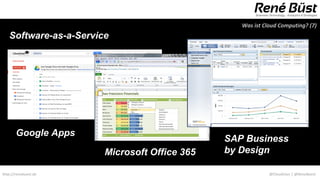 Was ist Cloud Computing? (7)
   Software-as-a-Service




       Google Apps
                                              SAP Business
                       Microsoft Office 365   by Design

http://renebuest.de                                        @CloudUser | @ReneBuest
 