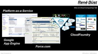 Was ist Cloud Computing? (8)
   Platform-as-a-Service




                                       CloudFoundry
     Google
     App Engine
                           Force.com

http://renebuest.de                                @CloudUser | @ReneBuest
 