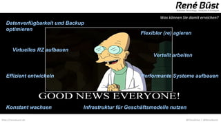 Was können Sie damit erreichen?
   Datenverfügbarkeit und Backup
   optimieren
                                                       Flexibler (re) agieren


        Virtuelles RZ aufbauen
                                                            Verteilt arbeiten



   Effizient entwickeln                                Performante Systeme aufbauen




   Konstant wachsen              Infrastruktur für Geschäftsmodelle nutzen

http://renebuest.de                                                         @CloudUser | @ReneBuest
 