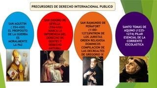 PRECURSORES DE DERECHO INTERNACIONAL PUBLICO
SAN AGUSTIN
( 354-420)
EL PROPOSITO
DE LA GUERRA
ES
MORALMENTE
LA PAZ
SAN ISIDORO DE
SEVILLA
(556-636)
MARCA LA
DIFERENCIA DEL
DERECHO DE
GENTES Y
DERECHO
NATURAL
SAN RAIMUNDO DE
PEÑAFORT
(1180-
1273)PATRON DE
LOS JURISTAS
ORDEN RELIGIOSA
DOMINICOS
COMPILACION DE
LAS DECREALTES
DE GREGORIO IX
SANTO TOMAS DE
AQUINO (1225-
1274) PILAR
ESENCIAL DE LA
CORRIENTE
ESCOLASTICA
 