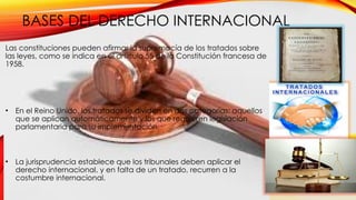 BASES DEL DERECHO INTERNACIONAL
Las constituciones pueden afirmar la supremacía de los tratados sobre
las leyes, como se indica en el artículo 55 de la Constitución francesa de
1958.
• En el Reino Unido, los tratados se dividen en dos categorías: aquellos
que se aplican automáticamente y los que requieren legislación
parlamentaria para su implementación.
• La jurisprudencia establece que los tribunales deben aplicar el
derecho internacional, y en falta de un tratado, recurren a la
costumbre internacional.
 