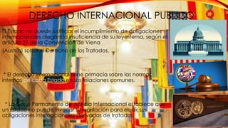 DERECHO INTERNACIONAL PUBLICO
El Estado no puede justificar el incumplimiento de obligaciones
internacionales alegando insuficiencia de su ley interna, según el
artículo 27 de la Convención de Viena
(Austria) sobre el Derecho de los Tratados.
* El derecho internacional tiene primacía sobre las normas
internas de cada Estado en sus relaciones comunes.
* La Corte Permanente de Justicia Internacional establece que
un Estado no puede invocar su legislación para eludir sus
obligaciones internacionales derivadas de tratados.
 
