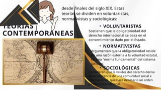 TEORIAS
CONTEMPORANEAS
Consideran que la validez del derecho deriva
de la existencia de una comunidad social e
internacional, que hace necesario un orden
jurídico internacional.
Argumentan que la obligatoriedad reside
en una razón externa a la voluntad estatal,
en una "norma fundamental" del sistema
jurídico.
Sostienen que la obligatoriedad del
derecho internacional se basa en el
consentimiento dado por el Estado.
• VOLUNTARISTAS
• NORMATIVISTAS
• SOCIOLÓGICAS
desde finales del siglo XIX. Estas
teorías se dividen en voluntaristas,
normativistas y sociológicas:
 