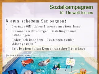 Sozialkampagnen für Umwelt-Issues Warum scheitern Kampagnen? Geringes öffentliches Interesse an einem Issue Dissonanz mit bisherigen Einstellungen und Erfahrungen Jeder Jeck ist anders – Deutungen werden „hineingelesen“ Es gibt einen harten Kern chronischer Nichtwisser (Kotler & Eduardo, 2000) 