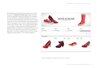 Bei der Bestimmung/Auswahl von Keywords ist es wich-
tig, dass Ihre Webseite/Landing Page möglichst auf die
von Ihnen gewählten Keywords optimiert ist. Das bedeu-
tet, dass die Wörter und Wortkombinationen auch auf
Ihrer Webseite/Landing Page vorkommen und im Zusam-
menhang mit Ihrem Unternehmen und Produkten stehen
sollten. Faustregel ist hier, dass eine Keyword-Dichte von
3-5% erreicht werden sollte, um ein gutes Ranking-Ergeb-
nis zu erzielen. Google bietet eine Hilfestellung für die
geeignete Wahl der Keywords: Der Keyword Planer ist ein
Tool, das Ihnen dabei hilft, neue Ideen für Keywords zu
generieren. In unserer Guideline können Sie zum Thema
Keywords auf den Seiten 17 und 18 mehr erfahren.
20
google Adwords | Der schnelle Weg zur Google-Anzeige | Teil 1
Beispiel : Landingpage zum Kewyword „rote Schuhe“ von zalando
weitere Infos unter: www.ebuero.de/whitepaper/adwords.html
von Keywords ist es wich-
ng Page möglichst auf die
ds optimiert ist. Das bedeu-
kombinationen auch auf
vorkommen und im Zusam-
men und Produkten stehen
ss eine Keyword-Dichte von
m ein gutes Ranking-Ergeb-
eine Hilfestellung für die
: Der Keyword Planer ist ein
ue Ideen für Keywords zu
ne können Sie zum Thema
nd 18 mehr erfahren.
google Adwords | Der schnelle Weg zur Google-Anzeige | Teil 1
 
