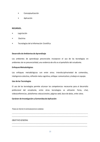 13
• Conceptualización
• Aplicación
RECURSOS.
• Legislación
• Doctrina
• Tecnologías de la Información Científica
Desarrollo de Ambientes de Aprendizaje
Los ambientes de aprendizaje presenciales incorporan el uso de las tecnologías en
ambientes de no presencialidad, una evidencia de ello es el portafolio del estudiante.
Enfoques Metodológicos
Los enfoques metodológicos son entre otros: Interdisciplinariedad de contenidos,
inteligencia colectiva, reflexión meta cognitiva, enfoque comunicativo y trabajo en equipo.
Uso de las Tecnologías
El uso de las tecnologías permite alcanzar las competencias necesarias para el desarrollo
profesional del estudiante, entre otras tecnologías se utilizarán: Foros, chat,
videoconferencias, plataformas educacionales, páginas web, base de datos, entre otros.
Carácter de Investigación y Contenidos de Aplicación
TEMA DE PROYECTO INTEGRADORDECARRERA:
..………………………………………………………………………………………………………………………………………………
………………………………………………………………………………………………………………………………………………..
OBJETIVO GENERAL
……………………………………………………………………………………………………………………………………………….
……………………………………………………………………………………………………………………………………………….
 