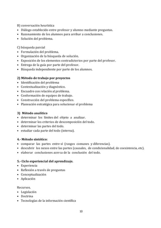 10
B) conversación heurística
• Diálogo establecido entre profesor y alumno mediante preguntas.
• Razonamiento de los alumnos para arribar a conclusiones.
• Solución del problema.
C) búsqueda parcial
• Formulación del problema.
• Organización de la búsqueda de solución.
• Exposición de los elementos contradictorios por parte del profesor.
• Entrega de la guía por parte del profesor.
• Búsqueda independiente por parte de los alumnos.
2) Método de trabajo por proyectos
• Identificación del problema
• Contextualización y diagnóstico.
• Encuadre con relación al problema.
• Conformación de equipos de trabajo.
• Construcción del problema específico.
• Planeación estratégica para solucionar el problema
3) Método analítico
• determinar los límites del objeto a analizar.
• determinar los criterios de descomposición del todo.
• determinar las partes del todo.
• estudiar cada parte del todo (interna).
4.- Método sintético:
• comparar las partes entre sí (rasgos comunes y diferencias).
• descubrir los nexos entre las partes (causales, de condicionalidad, de coexistencia, etc).
• elaborar conclusiones acerca de la conclusión del todo.
5.- Ciclo experiencial del aprendizaje.
• Experiencia
• Reflexión a través de preguntas
• Conceptualización
• Aplicación
Recursos.
• Legislación
• Doctrina
• Tecnologías de la información científica
 