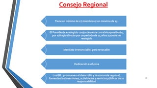 Consejo Regional
Tiene un mínimo de 07 miembros y un máximo de 25.
El Presidente es elegido conjuntamente con el vicepresidente,
por sufragio directo por un periodo de 04 años y puede ser
reelegido
Mandato irrenunciable, pero revocable
Dedicación exclusiva
Los GR.. promueven el desarrollo y la economía regional,
fomentan las inversiones, actividades y servicios públicos de su
responsabilidad
33
 