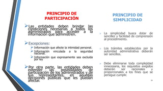 PRINCIPIO DE
PARTICIPACIÓN
Las entidades deben brindar las
condiciones necesarias a todos los
administrados para acceder a la
información que administren.
Excepciones:
Información que afecte la intimidad personal.
Información vinculada a la seguridad
nacional.
Información que expresamente sea excluida
por ley
Por otra parte, las entidades deben
extender las posibilidades de
participación de los administrados y de
sus representantes, en aquellas
decisiones públicas que les puedan
afectar.
PRINCIPIO DE
SIMPLICIDAD
 La simplicidad busca dotar de
sencillez y facilidad de comprensión
al procedimiento.
 Los trámites establecidos por la
autoridad administrativa deberán
ser sencillos.
 Debe eliminarse toda complejidad
innecesaria, los requisitos exigidos
deberán ser racionales y
proporcionales a los fines que se
persigue cumplir.
14
 