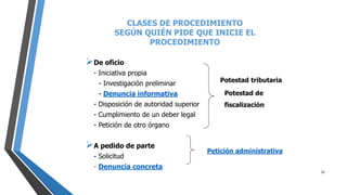 CLASES DE PROCEDIMIENTO
SEGÚN QUIÉN PIDE QUE INICIE EL
PROCEDIMIENTO
De oficio
- Iniciativa propia
- Investigación preliminar
- Denuncia informativa
- Disposición de autoridad superior
- Cumplimiento de un deber legal
- Petición de otro órgano
A pedido de parte
- Solicitud
- Denuncia concreta
Potestad tributaria
Potestad de
fiscalización
Petición administrativa
32
 