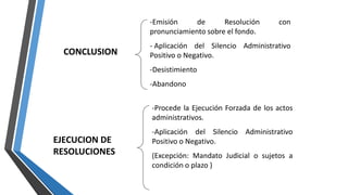 CONCLUSION
-Emisión de Resolución con
pronunciamiento sobre el fondo.
- Aplicación del Silencio Administrativo
Positivo o Negativo.
-Desistimiento
-Abandono
EJECUCION DE
RESOLUCIONES
-Procede la Ejecución Forzada de los actos
administrativos.
-Aplicación del Silencio Administrativo
Positivo o Negativo.
(Excepción: Mandato Judicial o sujetos a
condición o plazo )
 