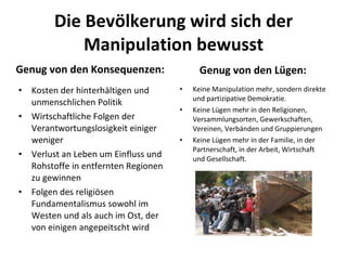 Die Bevölkerung wird sich der Manipulation bewusst Genug von den Konsequenzen: Kosten der hinterhältigen und unmenschlichen Politik Wirtschaftliche Folgen der Verantwortungslosigkeit einiger weniger Verlust an Leben um Einfluss und Rohstoffe in entfernten Regionen zu gewinnen Folgen des religiösen Fundamentalismus sowohl im Westen und als auch im Ost, der von einigen angepeitscht wird Genug von den Lügen: Keine Manipulation mehr, sondern direkte und partizipative Demokratie. Keine Lügen mehr in den Religionen, Versammlungsorten, Gewerkschaften, Vereinen, Verbänden und Gruppierungen Keine Lügen mehr in der Familie, in der Partnerschaft, in der Arbeit, Wirtschaft und Gesellschaft.  