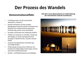 Der Prozess des Wandels Demonstrationseffekt: In Einklang treten mit der wachsenden weltweiten „Frequenz“.  Kontakt aufnehmen mit den sozialen Bewegungen (nicht die sozialen Institutionen) in Dynamik und in Übereinstimmung mit der Veränderung und der neuen Sensibilität Kontakte und Brücken der Solidarität schaffen. Vielfalt zum Ausdruck zu verhelfen, Förderung des Dialogs zur Suche nach gemeinsamen Lösungen im Bereich Kultur, Sozialen und der Politik.  Ausdruck von gewaltfreien Veränderungs-vorschläge fördern.  Förderung des Austausches in Räumen, die Kontakt mit tiefgründigen Erfahrungen und die spirituelle Entwicklung fördern.  Studien- und Reflektionsparks vervielfältigen.  Sich dem neuen Bewusstseins zur Unterstützung der menschlichen Zukunft anschliessen  
